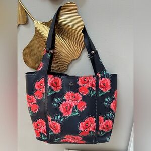 Nanette Lepore Athena Large Shopper Shoulder Bag Navy Rose Flower Tote Snap